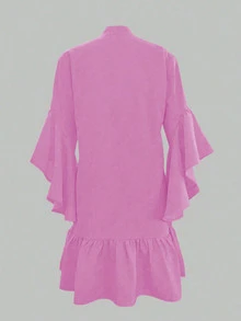 大码女式喇叭袖荷叶边下摆宽松休闲连衣裙，简约时尚