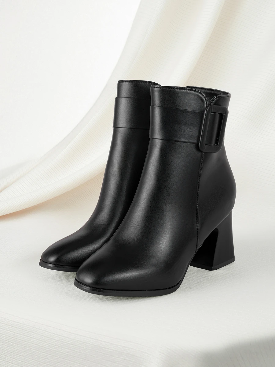 Clariva 2024秋冬新款百搭粗跟时尚靴子法式白色短靴黑色高跟踝靴女 - 黑色 - 查看 1