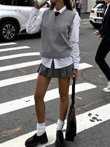 FOR BEAUTY V-Neck Sleeveless Knit Vest, Women Casual Loose Cropped Sweater, New Year Item, Spring/Autumn - Grey - View 2