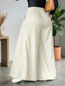 Pantalones anchos y sueltos de unicolor y casual, elegantes y minimalistas para mujeres - Albaricoque - Ver 2