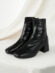 Clariva 女士小众设计高端后拉链经典粗跟踝靴，时尚别致的英伦风，舒适的切尔西靴 - 黑色 - 查看 1