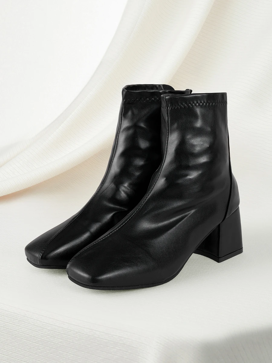 Clariva 女士小众设计高端后拉链经典粗跟踝靴，时尚别致的英伦风，舒适的切尔西靴 - 黑色 - 查看 1
