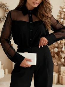 Sexy Sheer Patchwork Long Sleeve Solid Color Blouse For Women - Black - View 1