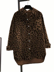 Áo kiểu nữ cỡ lớn, phong cách thường ngày, họa tiết da báo, cài cúc phía trước, có túi, tay dài, cổ bẻ, thích hợp cho mặc hàng ngày và đi nghỉ mát mùa xuân. - màu nâu - Xem 1