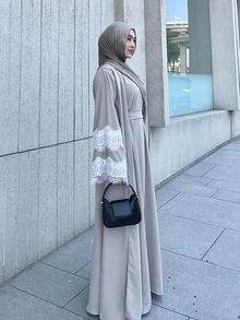 女士优雅V领长袖卡夫坦长袍，蕾丝边饰，适合特殊场合 - 灰色 - 查看 4