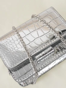 Clariva Mini Square Bag  Crocodile Embossed Flap , Funky, Punk & Bag For Street Wear - Silver - View 2
