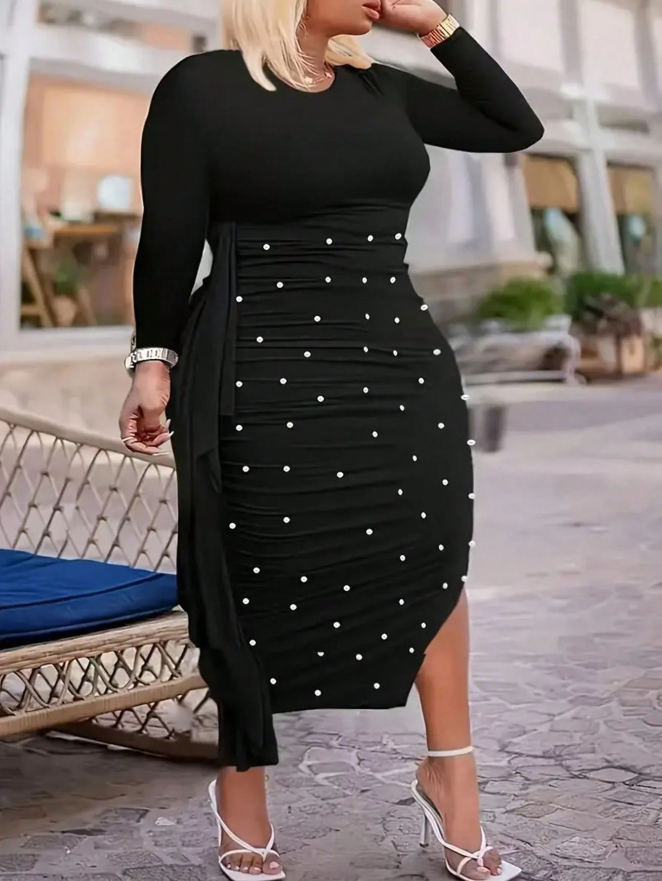 大码女式仿珍珠装饰圆领长袖荷叶边优雅连衣裙