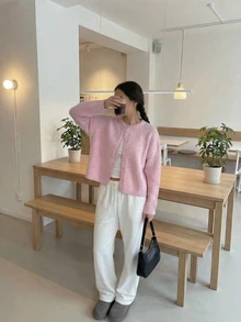 SOOKAUG Gemütlicher, süßer, jugendlicher rosa Strickjacken-Cardigan für Frauen, locker sitzende, vielseitige, weiche Strickoberteil, Herbst/Winter