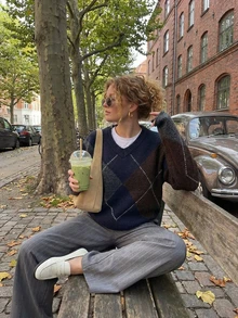 Pull à la mode SOOKAUG à motif losanges et blocs de couleurs, col rond décontracté pour les déplacements, automne/hiver pour femme - Multicolore - Voir 1