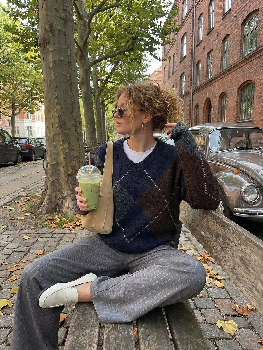 Pull à la mode SOOKAUG à motif losanges et blocs de couleurs, col rond décontracté pour les déplacements, automne/hiver pour femme - Multicolore - Voir 1