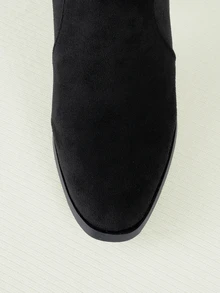 Clariva 2024 Autumn/Winter New French High-End Ruched Chunky Heel Ankle Boots, Square Toe, Elastic, Versatile, Run 1/2 Size Larger - Black - View 4