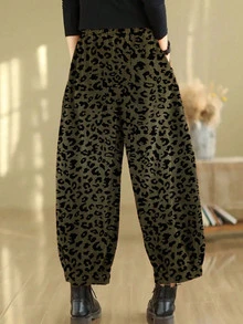 Plus Size Women Casual Leopard Print Pocket Elastic Waist Loose Harem Pants, Everyday Wear, Spring/Autumn - Grass Green - View 6
