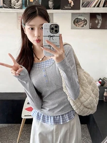 可爱格子拼接二合一纽扣装饰长袖T恤，修身剪裁，适合拍摄照片，秋冬季 - 灰色 - 查看 1