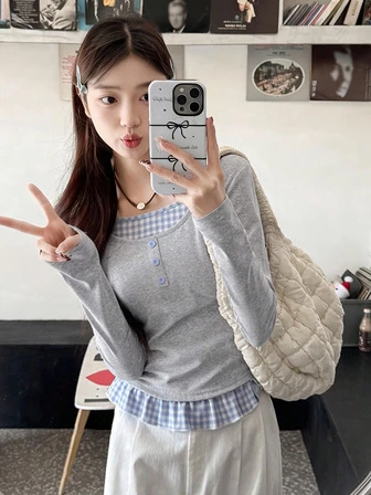 Cute Plaid Patchwork 2 In 1 Button Embellished Long Sleeve T-Shirt, Fitted Silhouette, Suitable For Photo Shoots, Autumn/Winter