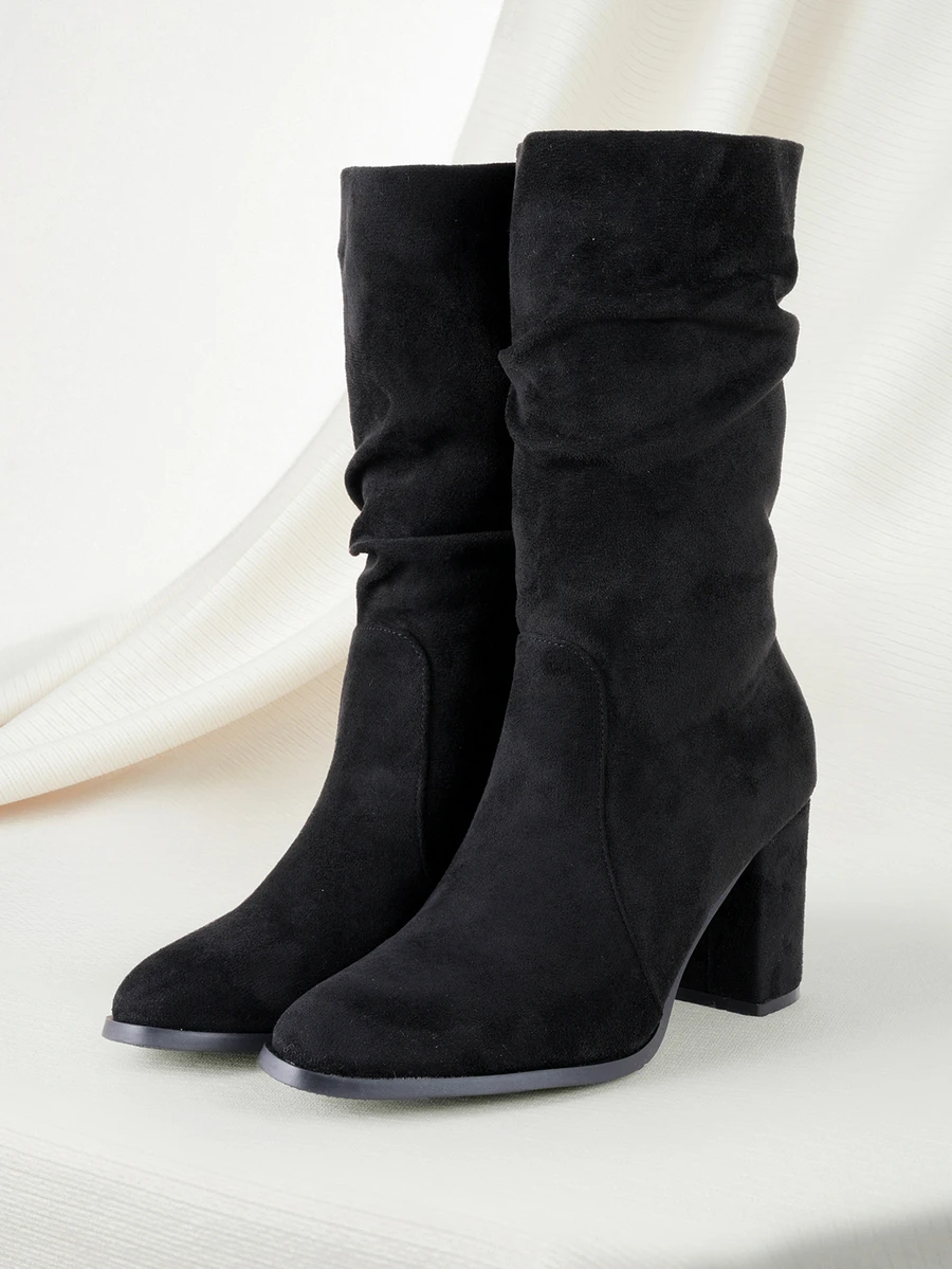 Clariva 2024 Autumn/Winter New French High-End Ruched Chunky Heel Ankle Boots, Square Toe, Elastic, Versatile, Run 1/2 Size Larger - Black - View 1