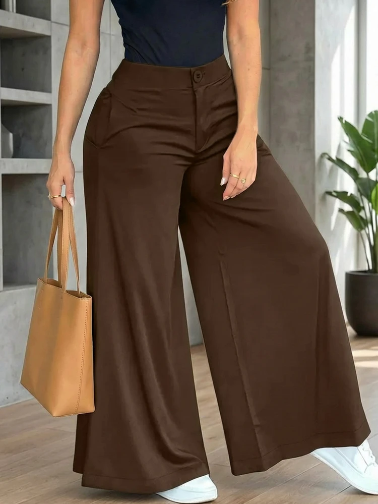 Pantalones anchos y sueltos de unicolor y casual para mujer, elegantes y minimalistas para la primavera - Café integral - Añade 1