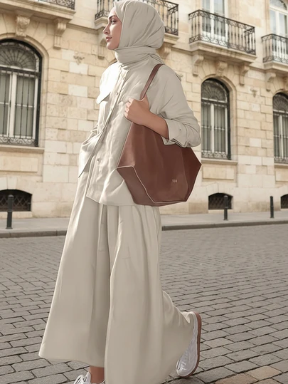 两件套女士优雅休闲简约套装，衬衫领上衣搭配长裙，情人节女士休闲套装，卷边袖口开衩设计，适合通勤和日常穿着。