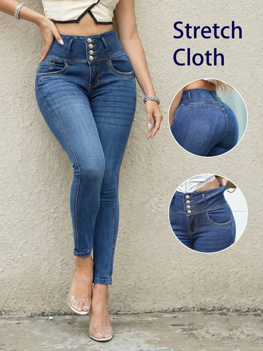 High Waist Slim Fit Button Pocket Zipper Closure Casual Jeans for Sale ...