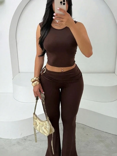Conjunto de 2 piezas de estilo callejero de verano para mujer, top sin hombros sin mangas con pantalones largos plisados