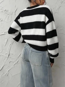 Elegant Casual Striped Contrast Color Polyester Knit Sweater For Women, Everyday Wear, Spring/Autumn/Winter - Black+White - View 4