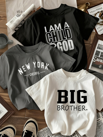 3 piezas Camiseta de manga corta de cuello redondo con estampado casual para niño y adolescente estudiante, Top de verano