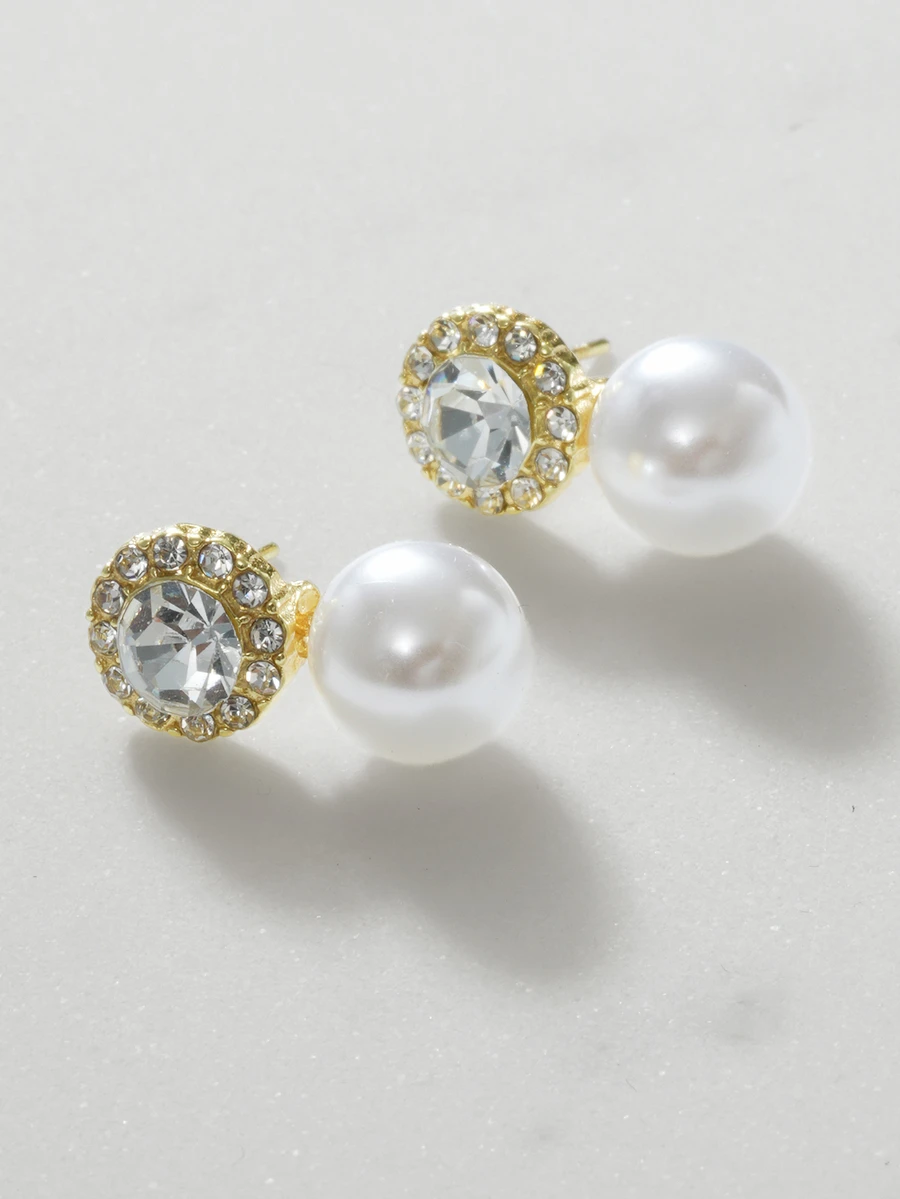 Clariva 1 Pair Elegant Pearl And Diamond Inlaid Luxury Stud Earrings - Gold - View 1