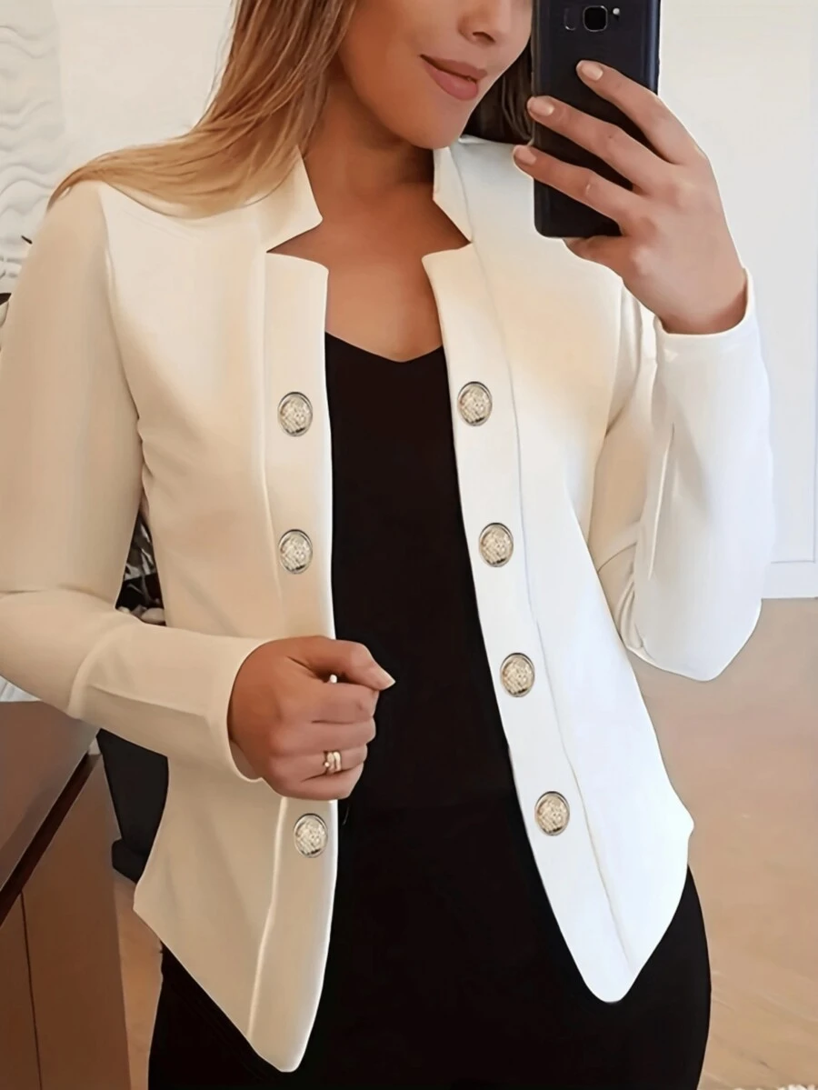 Women's Casual Office Commute Double-Breasted Solid Color Blazer Cardigan, Long Sleeve, Autumn White Spring - White - View 1