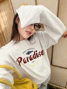 2025秋季新款时尚休闲宽松中长款T恤女字母印花长袖上衣街头韩版 - 淺花灰 - 查看 2