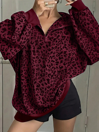 Plus Size Women Leopard Print Half Zip Loose Sweatshirt