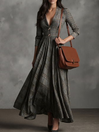 Vestido a cuadros vintage para mujer, elegante vestido estilo francés de cuello en V y falda acampanada, para otoño/invierno