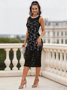 HOMEYEE Elegant Women's Sleeveless Lace Cocktail Sheath Midi Dress, Fitted Silhouette For Party, Valentine's Day - Black - View 1