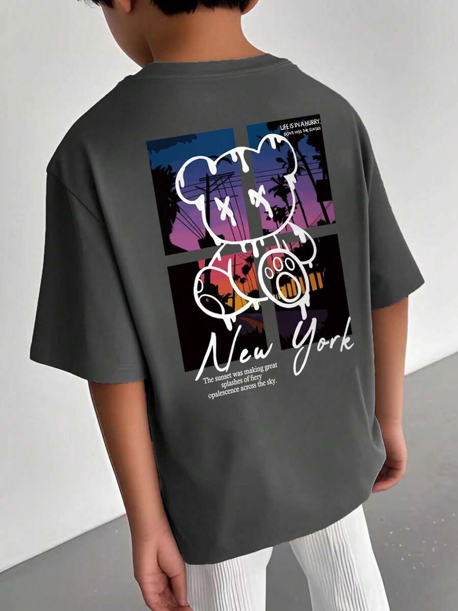 男童休闲印花圆领短袖T恤,夏季上衣 - 深灰色 - 查看 1