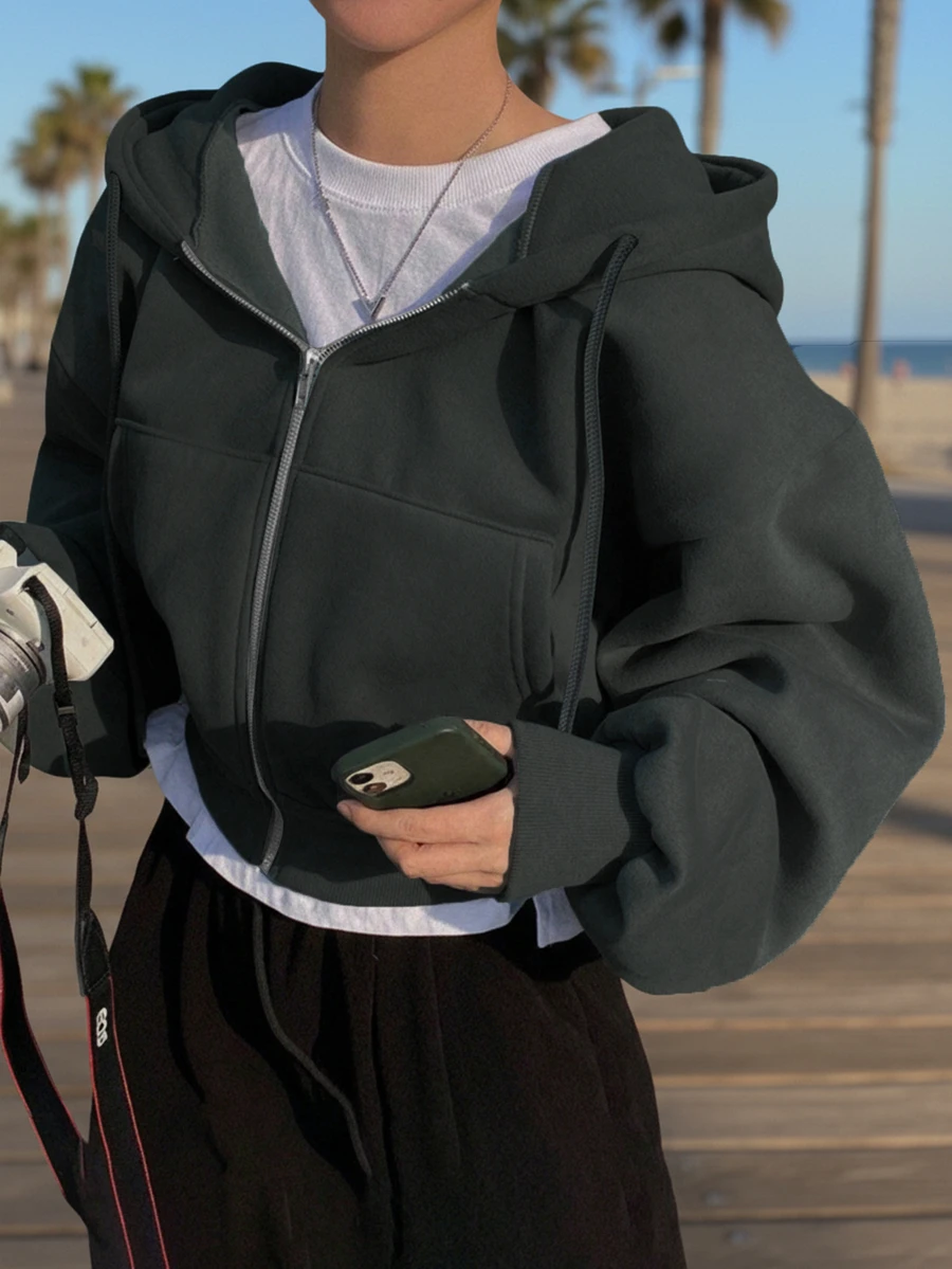 Y2k New Years Women ,Solid-Color, Fashionable And Casual Fall Wear, Women's Street Style Added Warmth Hooded Sweatshirt, Chic, Christmas - Dark Green - View 1