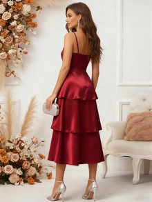 HOMEYEE Váy dự tiệc chữ A đính sequin nhiều lớp thanh lịch dành cho nữ, màu đỏ rượu, thích hợp cho tiệc sinh nhật và tụ họp - Màu Đỏ Sâu - Xem 2