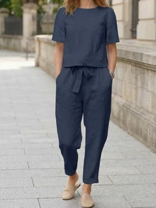 2件套女士纯色休闲长袖T恤和裤子套装