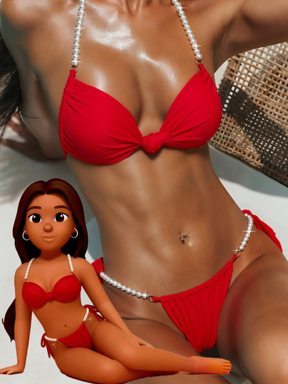 Women Sexy Casual Bikini Swimwear , Fired Red Intricate Beaded , Pearl, Hawaii,For Vacation ,Beach Outfits, For Women,Date,For Autumn And Winter Christmas Valentine SS26 Spring And Summer