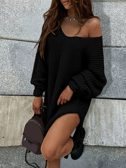 Damen V-Ausschnitt modisches elegantes einfarbiges gestricktes Kleid mit Schlitz und Langarm, lässiger Alltagsanzug