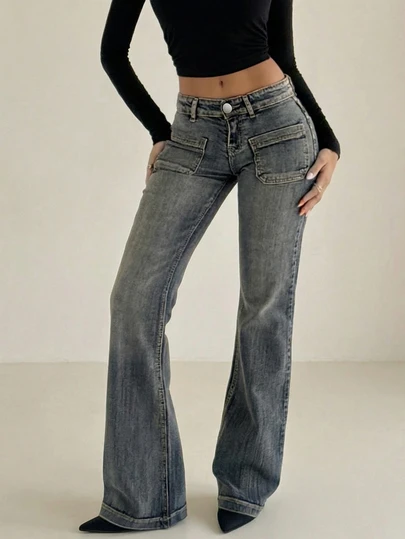 女士纯色休闲拉链口袋纽扣喇叭裤