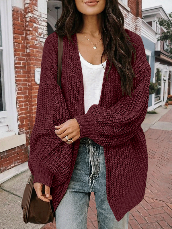 1件女士纯色休闲长袖灯笼袖针织开衫，秋冬季，长袖上衣，锚红色