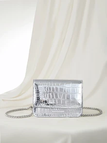 Clariva Mini Square Bag  Crocodile Embossed Flap , Funky, Punk & Bag For Street Wear - Silver - View 4