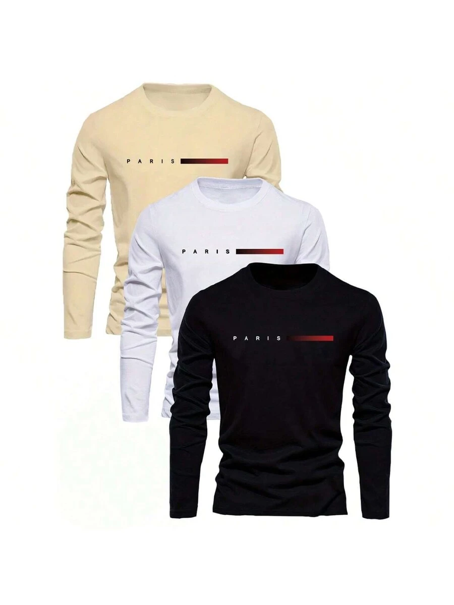 3件装青少年男童学生休闲印花圆领长袖T恤，春秋季 - 杏色 - 查看 1