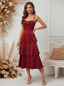 HOMEYEE Váy dự tiệc chữ A đính sequin nhiều lớp thanh lịch dành cho nữ, màu đỏ rượu, thích hợp cho tiệc sinh nhật và tụ họp - Màu Đỏ Sâu - Xem 1