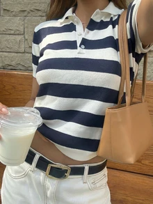 HoloChill 女士撞色条纹休闲短袖纽扣针织上衣，新款休闲夏季衬衫，女士春季服装，女士假日派对上衣，女士沙滩装，女士优雅夏季度假服 - 藍白色 - 查看 2