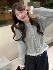 女士甜美蕾丝拼布抽绳针织开衫，圆领长袖毛衣，秋冬