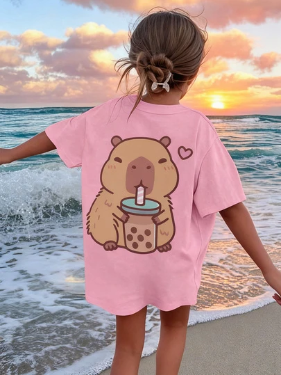 Girls And Teens' Casual Floral Print Round Neck Short Sleeve Tee, Summer Top