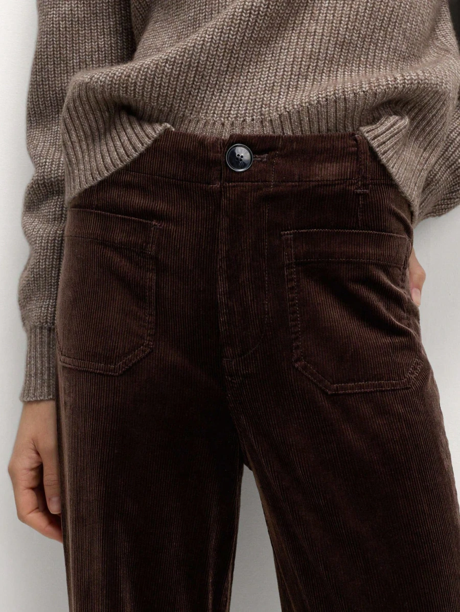 1pc Women Solid Color Corduroy Pocket Button Zipper Slim Fit Pants, Suitable For School, Vacation, Spring/Autumn/Winter - 摩卡棕 - 查看 1