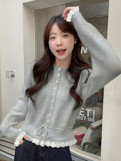 女士甜美蕾丝拼布抽绳针织开衫，圆领长袖毛衣，秋冬