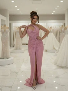 Astony One 新款性感优雅无袖亮片紧身高开衩粉色晚礼服，适合狂欢节、新年、情人节、红毯活动、单身派对、订婚及其他正式场合。 - 粉色 - 查看 1