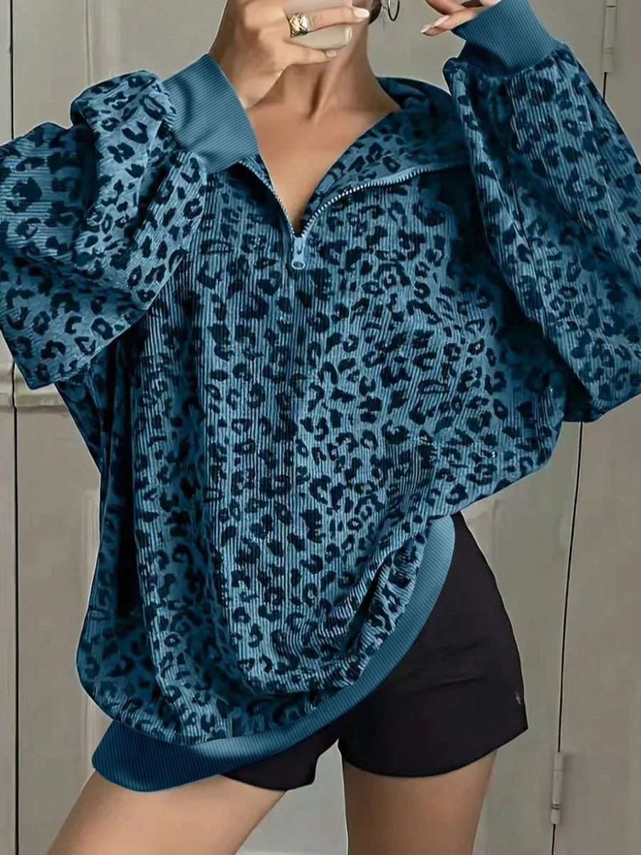 Plus Women's Leopard Print Half Zipper Loose Sweatshirt - 藍色 - 查看 1