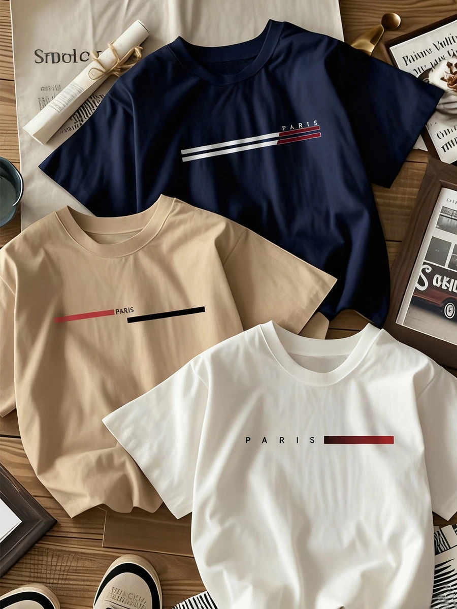 3 件套男童/青少年/学生休闲印花圆领短袖 T 恤，夏季上衣 - 彩色 - 查看 1